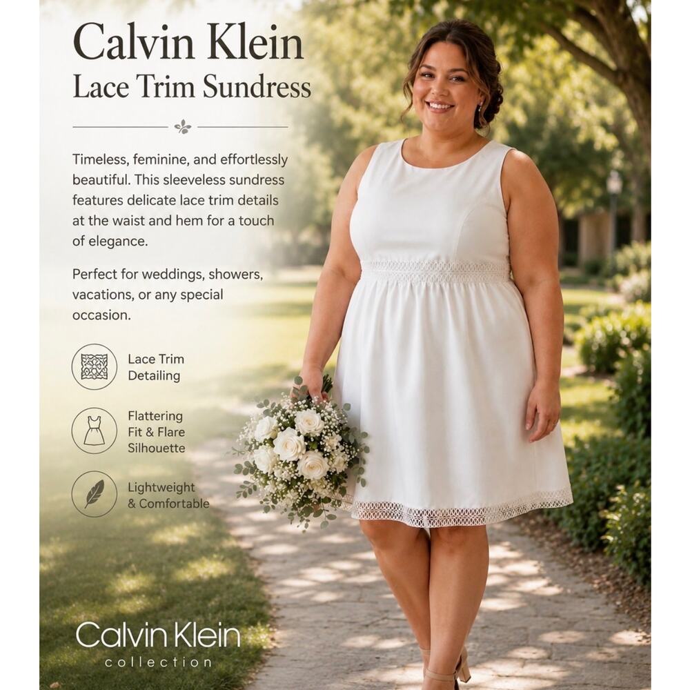 Calvin Klein Women’s Size 16 White Lace Trim Sundress Sleeveless Fit Flare Dress